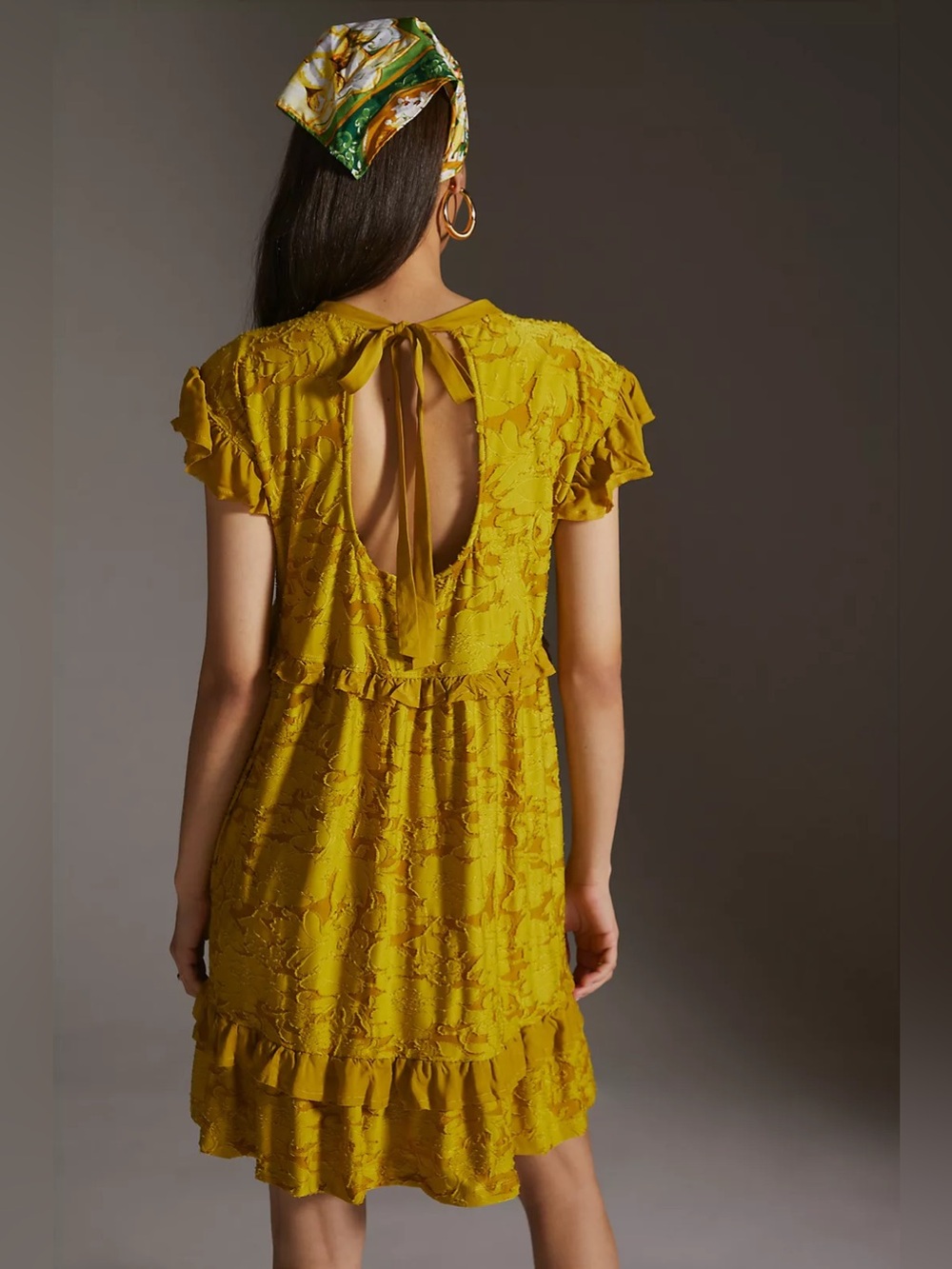Anthropologie chartreuse Yellow Ruffle knit mini Dress back cutout burnout small - Picture 4 of 10